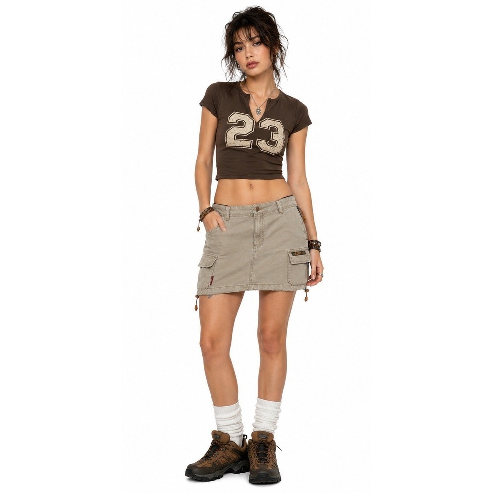 VTG Y2K American‎ Eagle Cargo Mini Skirt 6 Khaki Gorpcore Utility Drawstring Hem